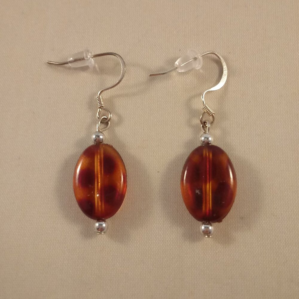 Silver Cherry Amber Oval Spotted Charm Dangle Earrings + Matching Pendant Gift